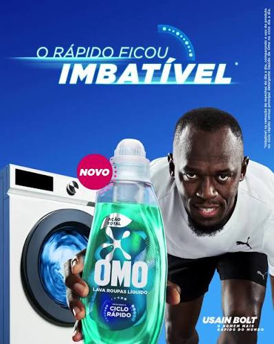 The ad visual as generated: a laundry detergent bottle held out by a sprinter, next to a washing machine.